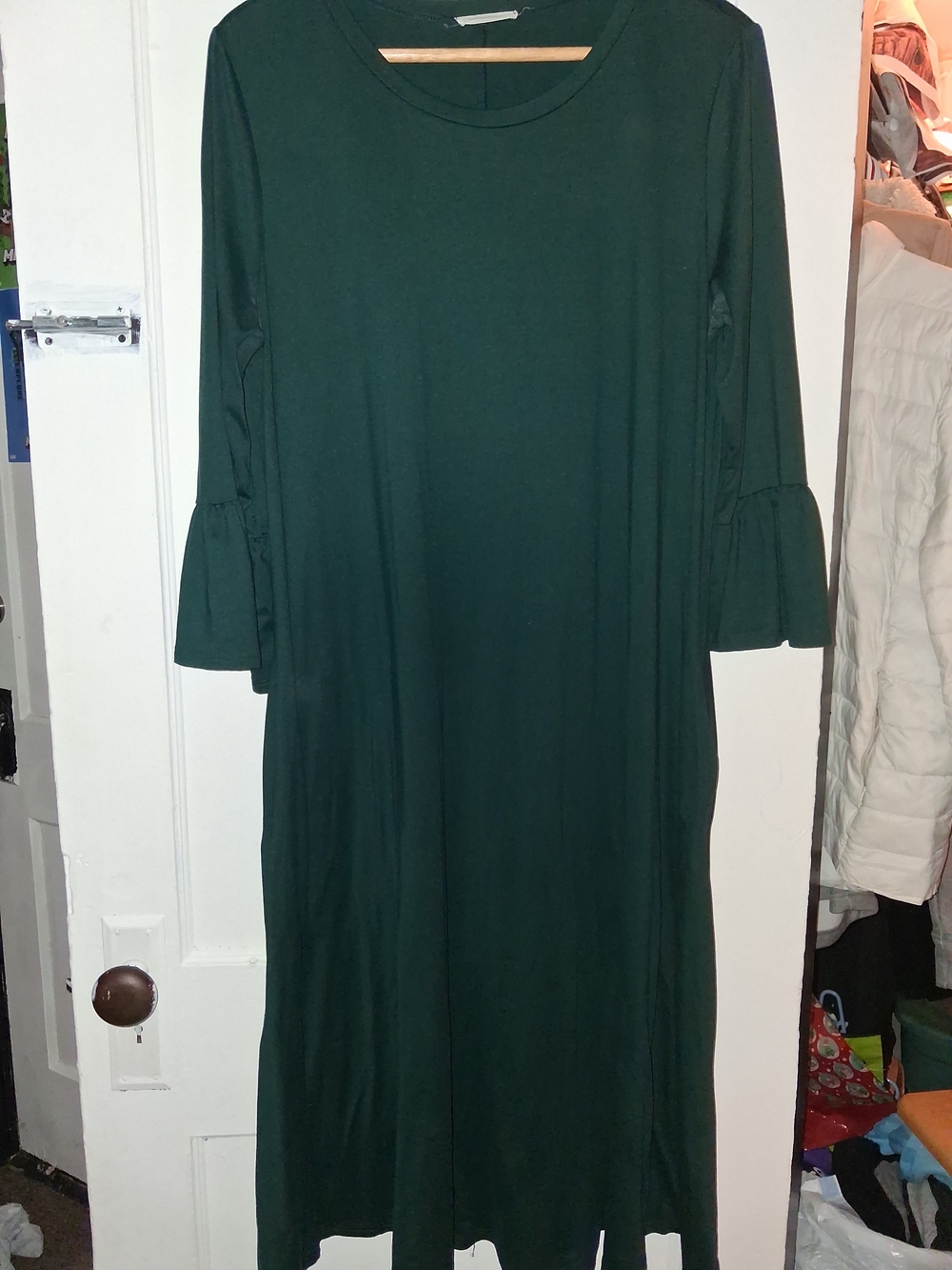 Women's Forest Green Ruffle Sleeve Long Dress